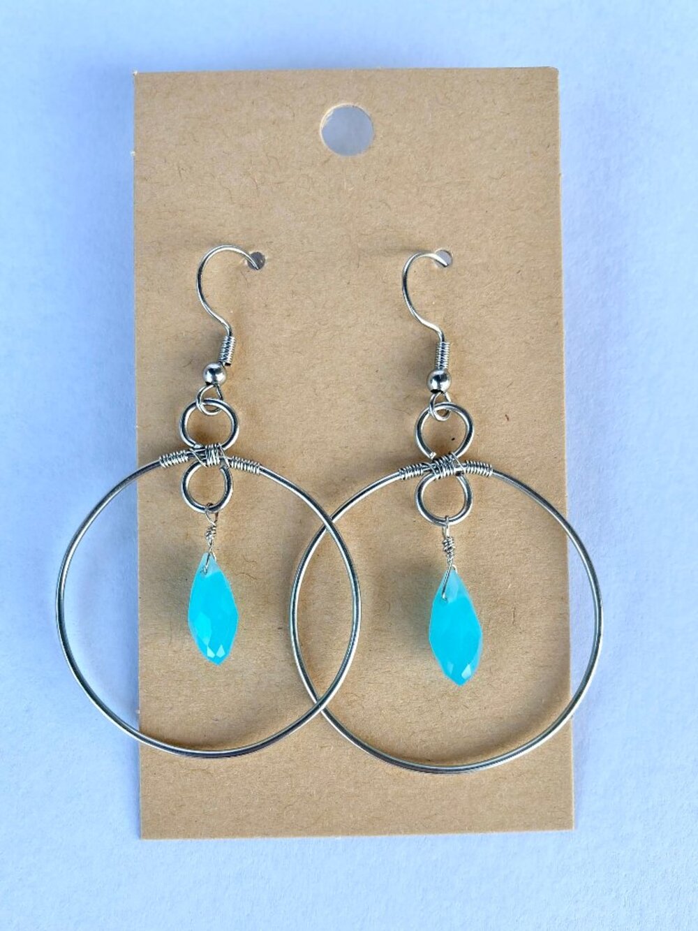 Handmade classic & feminine stainless steel hoop earrings with blue glass beads